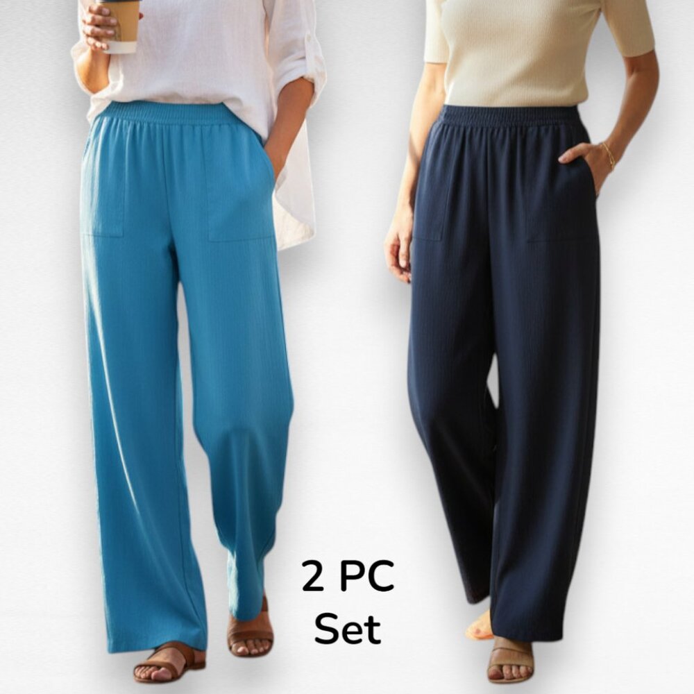 Effortless Boho Scandi Girl Wide Leg Elastic Waist Dressy Casual 2pc Airy Pants